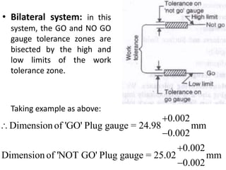 • Bilateral system: in this
system, the GO and NO GO
gauge tolerance zones are
bisected by the high and
low limits of the work
tolerance zone.
Taking example as above:
0.002
Dimension of 'GO' Plug gauge = 24.98 mm
0.002
0.002
Dimension of 'NOT GO' Plug gauge = 25.02 mm
0.002





 