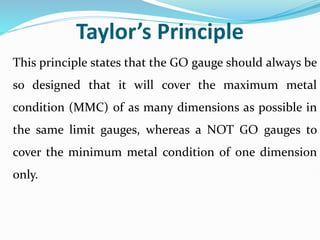 Taylor’s Principle
This principle states that the GO gauge should always be
so designed that it will cover the maximum metal
condition (MMC) of as many dimensions as possible in
the same limit gauges, whereas a NOT GO gauges to
cover the minimum metal condition of one dimension
only.
 
