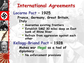 International Agreements
Locarno Pact – 1925
  France, Germany, Great Britain,
   Italy
       Guarantee existing frontiers
       Establish DMZ 30 miles deep on East
        bank of Rhine River
       Refrain from aggression against each
        other
Kellogg-Briand Pact – 1928
  Makes war illegal as a tool of
  diplomacy
       No enforcement provisions
 