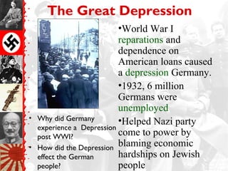 The Great Depression
                            •World War I
                            reparations and
                            dependence on
                            American loans caused
                            a depression Germany.
                            •1932, 6 million
                            Germans were
                            unemployed
•   Why did Germany         •Helped Nazi party
    experience a Depression
    post WWI?               come to power by
•   How did the Depression
                            blaming economic
    effect the German       hardships on Jewish
    people?                 people
 