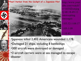 Pearl Harbor from the Cockpit of a Japanese Pilot   http://www.yout
                                                    ube.com/watch?
                                                    v=Af10Zxmjog
                                                    Q 48:18-49:12
                                                    intercepting
                                                    messages
                                                    1:03:32-1:04:17
                                                    1:05-1:09
                                                    1:18:45

 •Japanese killed 2,403 Americans wounded 1,178.
 •Damaged 21 ships, including 8 battleships
 •300 aircraft were destroyed or damaged
 •3 aircraft carriers were at sea managed to escape
 disaster
 