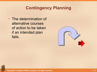 Copyright © Houghton Mifflin Company. All rights reserved. 7 - 21
Contingency Planning
• The determination of
alternative courses
of action to be taken
if an intended plan
fails.
 