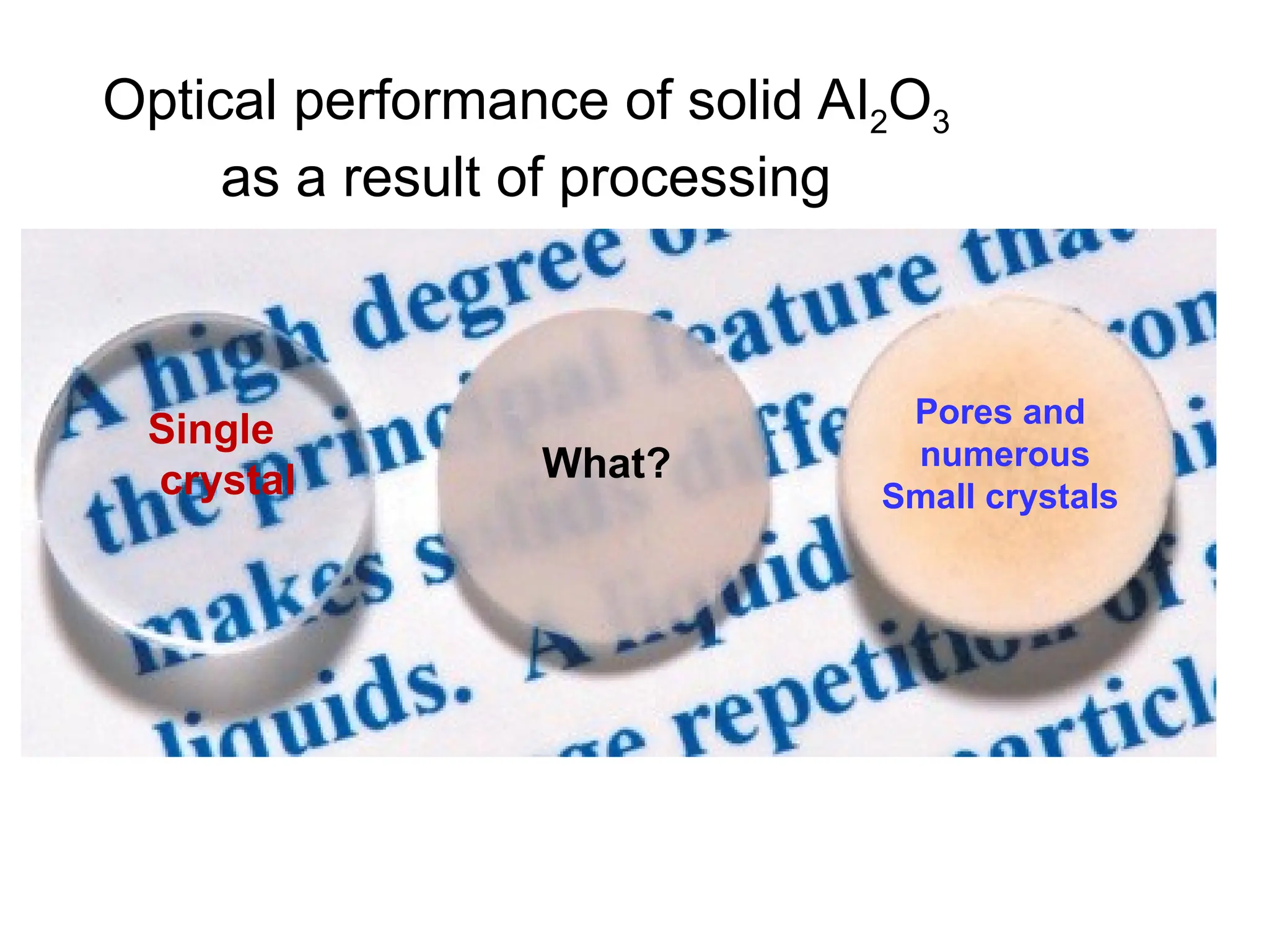 Optical performance of solid Al2O3
as a result of processing
Single
crystal
Pores and
numerous
Small crystals
What?
 