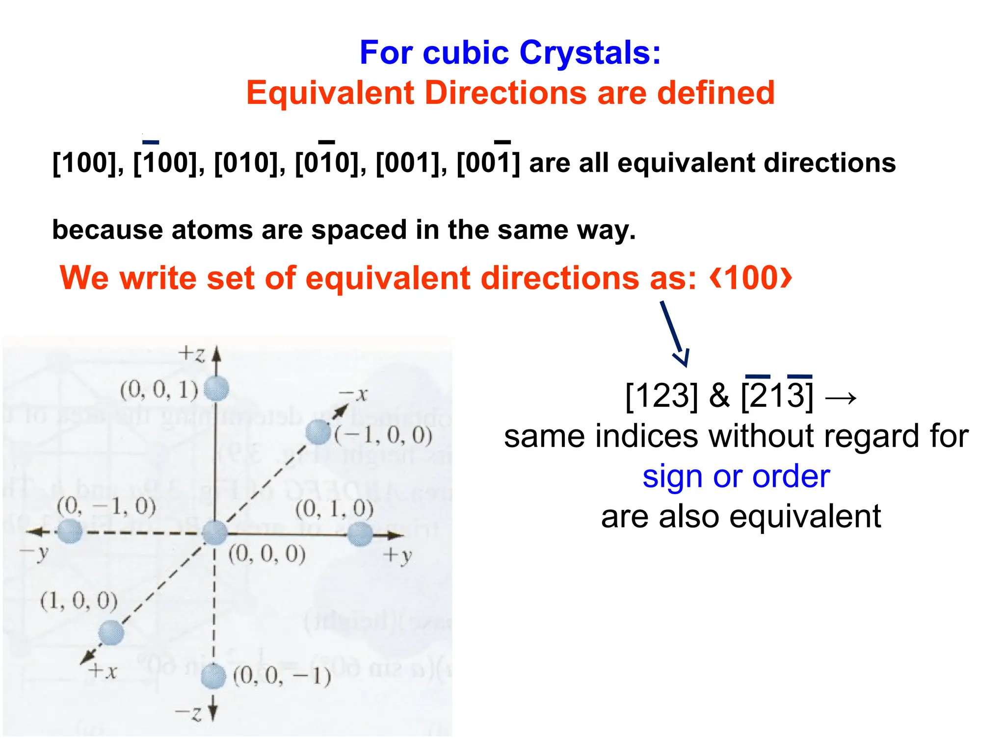 For cubic Crystals:
Equivalent Directions are defined
[100], [100], [010], [010], [001], [001] are all equivalent directions
because atoms are spaced in the same way.
We write set of equivalent directions as: ‹100›
[123] & [213] →
same indices without regard for
sign or order
are also equivalent
 