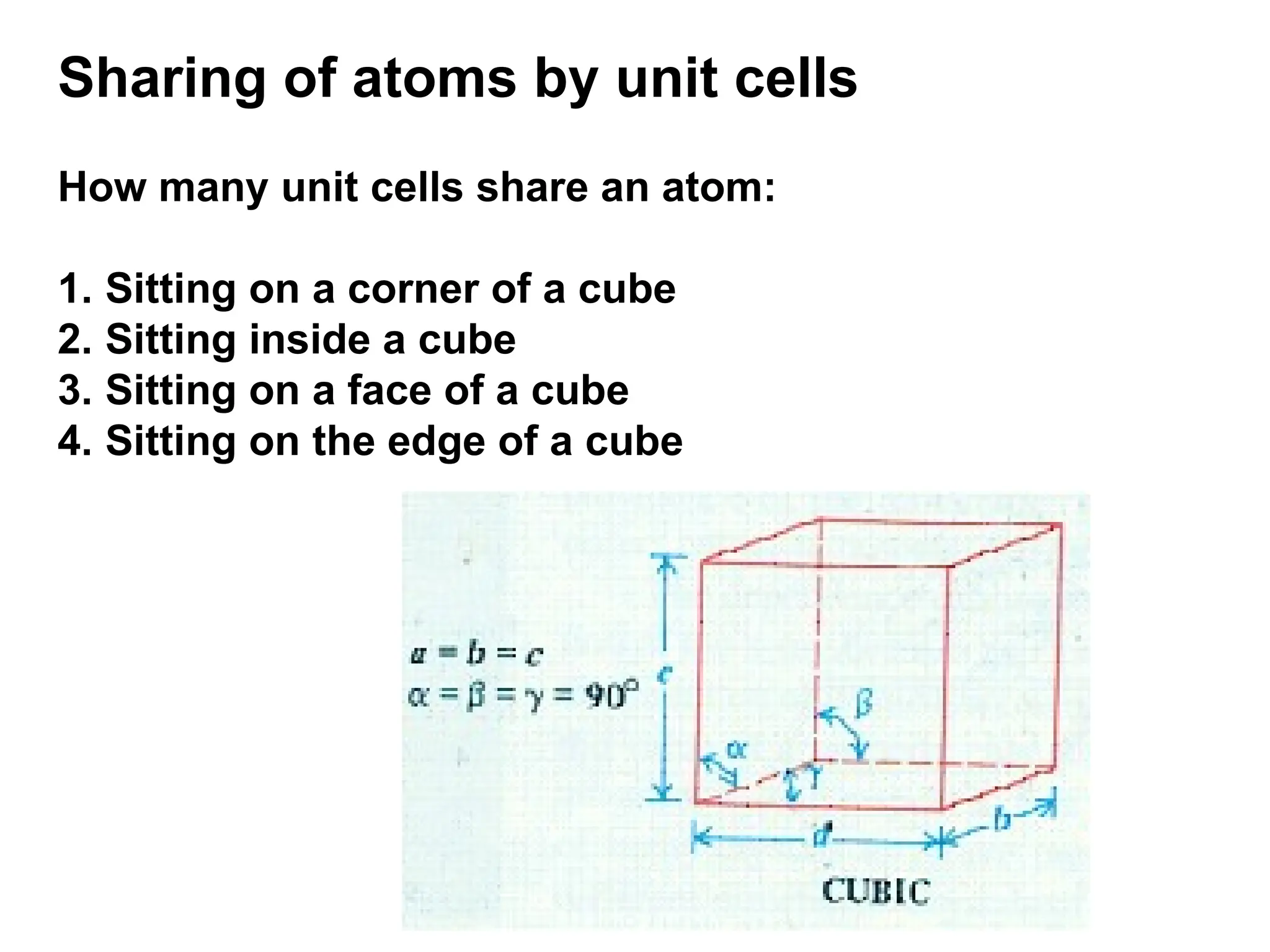 Sharing of atoms by unit cells
How many unit cells share an atom:
1. Sitting on a corner of a cube
2. Sitting inside a cube
3. Sitting on a face of a cube
4. Sitting on the edge of a cube
 