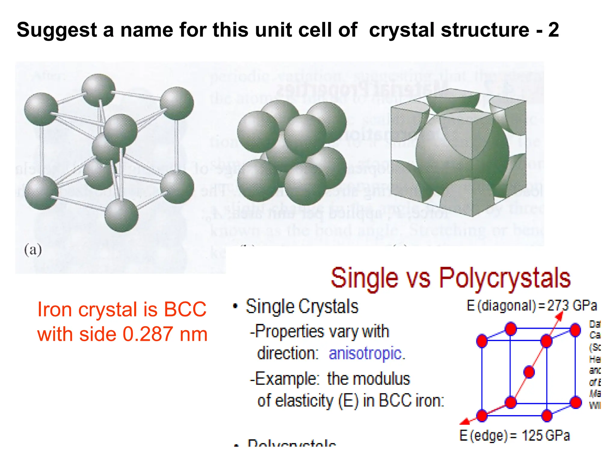 Suggest a name for this unit cell of crystal structure - 2
Iron crystal is BCC
with side 0.287 nm
 