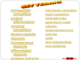 monopolistic
competition
product
differentiation
nonprice
competition
excess capacity
oligopoly
homogeneous
oligopoly
differentiated
oligopoly
strategic behavior
interindustry competition
import competition
Herfindahl index
game-theory model
collusion
kinked-demand curve
price war
cartel
tacit understandings
price leadership
ENDBACKCopyright McGraw-Hill/Irwin, Inc. 2005
 