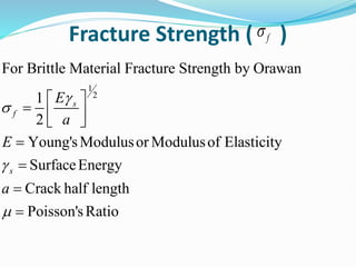 Fracture Strength ( )
f

1
2
For Brittle Material Fracture Strength by Orawan
1
2
Young'sModulusor Modulusof Elasticity
SurfaceEnergy
Crack half length
Poisson'sRatio
s
f
s
E
a
E
a




 
  
 




 