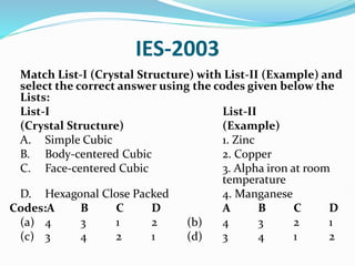 IES-2003
Match List-I (Crystal Structure) with List-II (Example) and
select the correct answer using the codes given below the
Lists:
List-I List-II
(Crystal Structure) (Example)
A. Simple Cubic 1. Zinc
B. Body-centered Cubic 2. Copper
C. Face-centered Cubic 3. Alpha iron at room
temperature
D. Hexagonal Close Packed 4. Manganese
Codes:A B C D A B C D
(a) 4 3 1 2 (b) 4 3 2 1
(c) 3 4 2 1 (d) 3 4 1 2
 