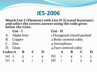 IES-2006
Match List-I (Element) with List-II (Crystal Structure)
and select the correct answer using the code given
below the Lists:
List - I List - II
A. Alpha Iron 1.Hexagonal closed packed
B. Copper 2.Body-centred cubic
C. Zinc 3.Amorphous
D. Glass 4.Face-centred cubic
Codes:A B C D A B C D
(a) 2 3 1 4 (b) 1 4 2 3
(c) 2 4 1 3 (d) 1 3 2 4
 