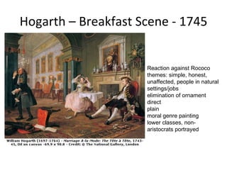 Hogarth – Breakfast Scene - 1745 Reaction against Rococo  themes: simple, honest, unaffected, people in natural settings/jobs  elimination of ornament  direct  plain  moral genre painting  lower classes, non-aristocrats portrayed  