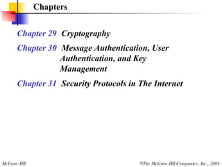 Chapters Chapter 29   Cryptography Chapter 30   Message Authentication, User    Authentication, and Key   Management Chapter 31   Security Protocols in The Internet 