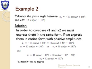 Example 2
Calculate the phase angle between
and v2=
In order to compare v1 and v2 we must
express them in the same form. If we express
them in cosine form with positive amplitudes
Solution:
V2 leadsV1 by 30 degree
12
Electrical & Computer Engineering
Department
 