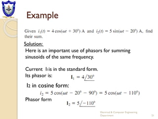 Example
Electrical & Computer Engineering
Department 21
Here is an important use of phasors for summing
sinusoids of the same frequency.
I2 in cosine form:
Phasor form
Solution:
Current I1is in the standard form.
Its phasor is:
 