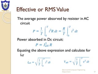 Effective or RMSValue
The average power absorved by resister in AC
circuit
Power absorbed in Dc circuit:
Equating the above expression and calculate for
Ieff
Electrical & Computer Engineering
Department 37
 