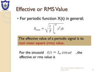 Effective or RMSValue
 For periodic function X(t) in general;
Electrical & Computer Engineering
Department 39
The effective value of a periodic signal is its
root mean square (rms) value.
For the sinusoid , the
effective or rms value is
 