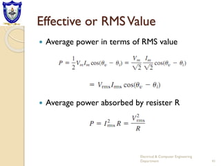 Effective or RMSValue
 Average power in terms of RMS value
 Average power absorbed by resister R
Electrical & Computer Engineering
Department 41
 