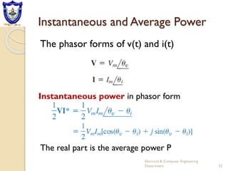 Instantaneous and Average Power
The phasor forms of v(t) and i(t)
Electrical & Computer Engineering
Department 52
The real part is the average power P
Instantaneous power in phasor form
 