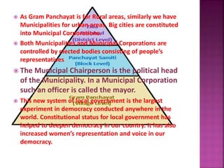  As Gram Panchayat is for Rural areas, similarly we have
Municipalities for urban areas. Big cities are constituted
into Municipal Corporations.
 Both Municipalities and Municipal Corporations are
controlled by elected bodies consisting of people’s
representatives.
 The Municipal Chairperson is the political head
of the Municipality. In a Municipal Corporation
such an officer is called the mayor.
 This new system of local government is the largest
experiment in democracy conducted anywhere in the
world. Constitutional status for local government has
helped to deepen democracy in our country. It has also
increased women’s representation and voice in our
democracy.
 