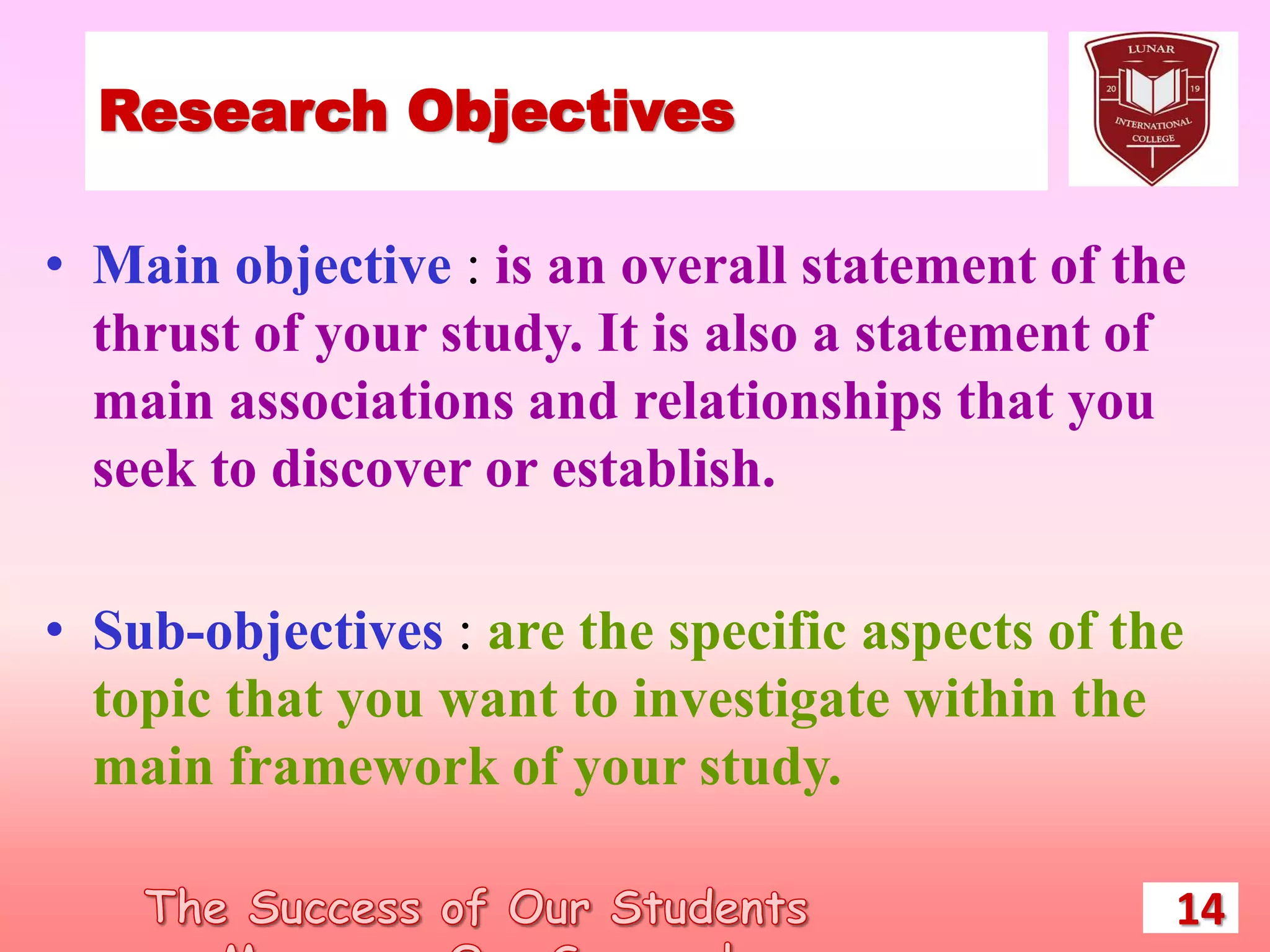 Research Objectives
• Main objective : is an overall statement of the
thrust of your study. It is also a statement of
main associations and relationships that you
seek to discover or establish.
• Sub-objectives : are the specific aspects of the
topic that you want to investigate within the
main framework of your study.
14
 