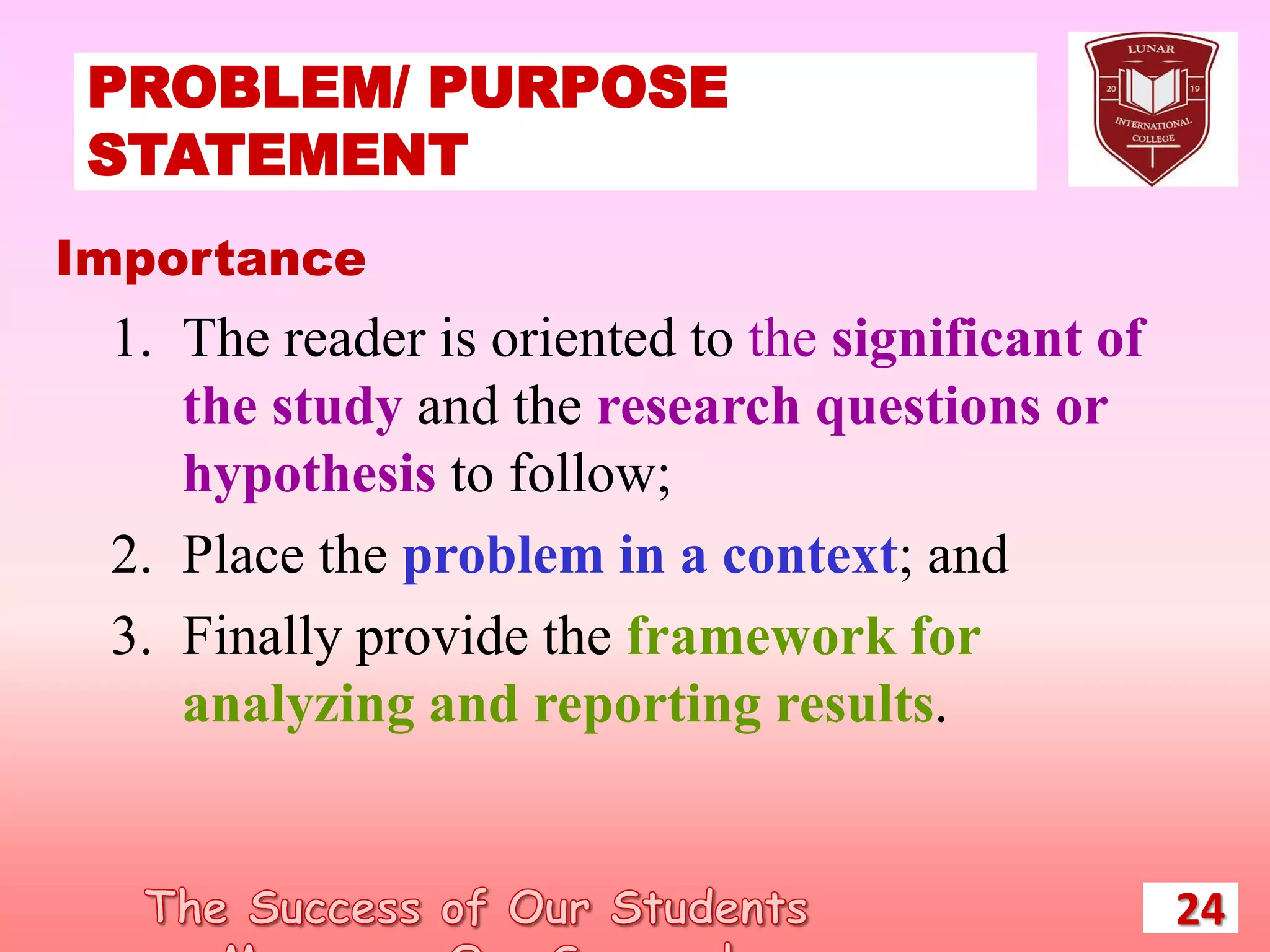 PROBLEM/ PURPOSE
STATEMENT
24
Importance
1. The reader is oriented to the significant of
the study and the research questions or
hypothesis to follow;
2. Place the problem in a context; and
3. Finally provide the framework for
analyzing and reporting results.
 