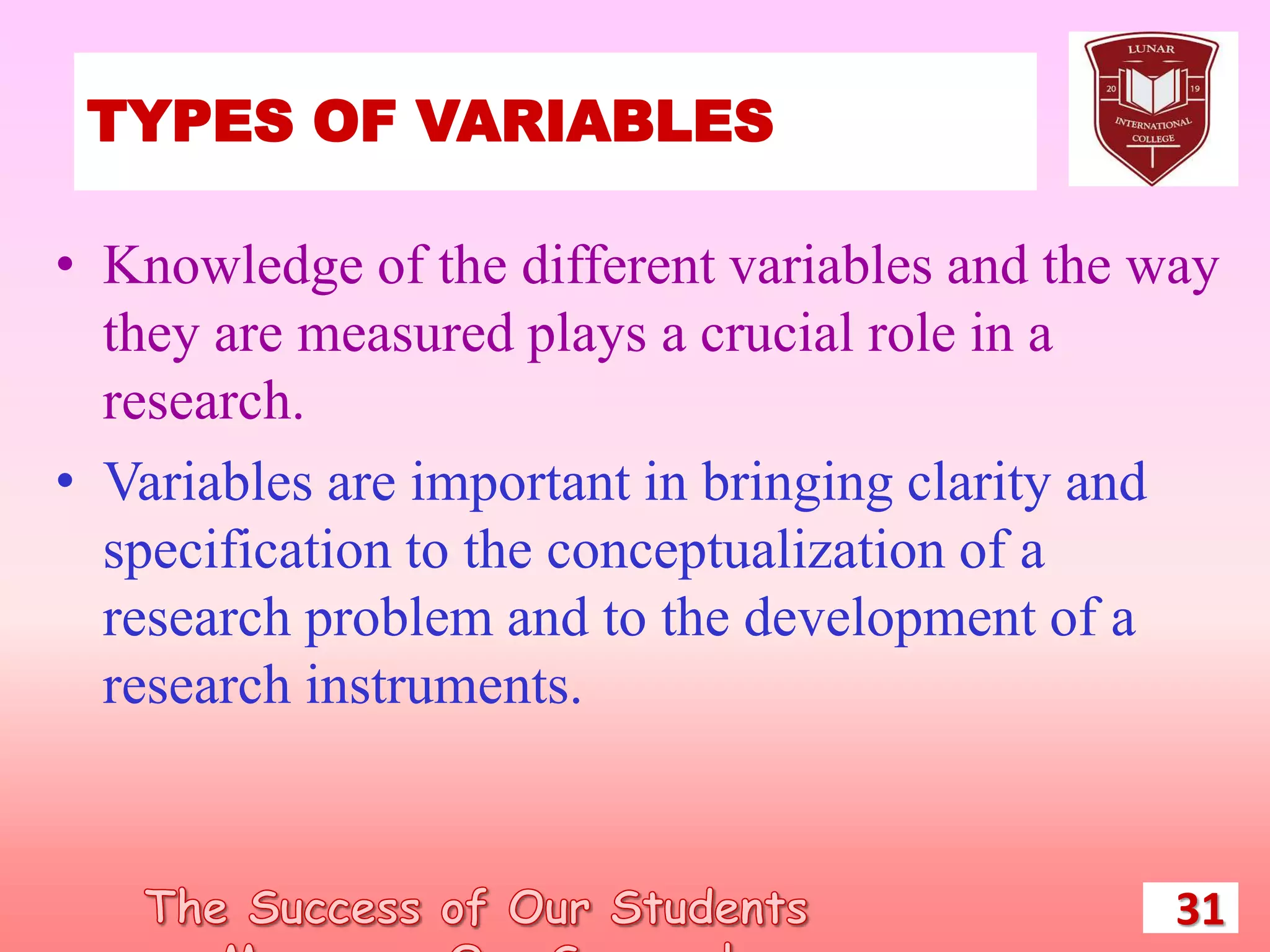 TYPES OF VARIABLES
31
• Knowledge of the different variables and the way
they are measured plays a crucial role in a
research.
• Variables are important in bringing clarity and
specification to the conceptualization of a
research problem and to the development of a
research instruments.
 