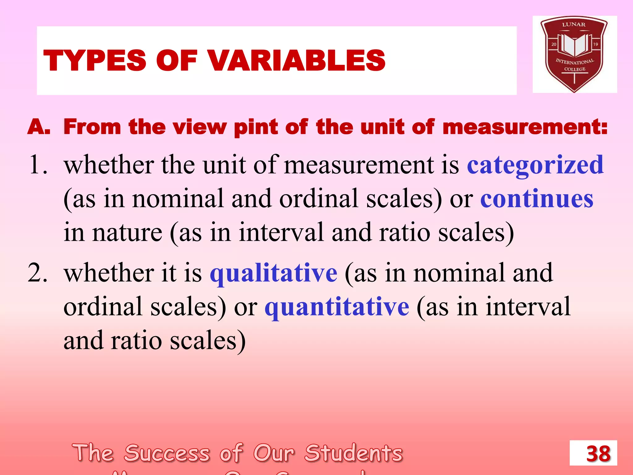 TYPES OF VARIABLES
38
A. From the view pint of the unit of measurement:
1. whether the unit of measurement is categorized
(as in nominal and ordinal scales) or continues
in nature (as in interval and ratio scales)
2. whether it is qualitative (as in nominal and
ordinal scales) or quantitative (as in interval
and ratio scales)
 