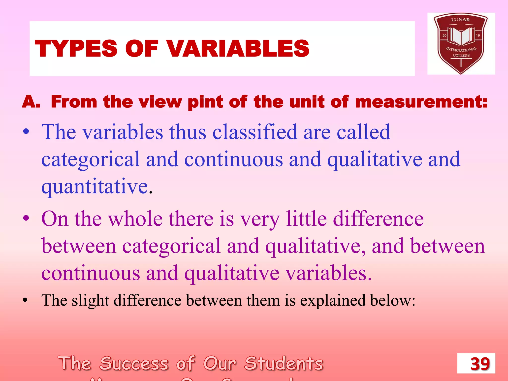 TYPES OF VARIABLES
39
A. From the view pint of the unit of measurement:
• The variables thus classified are called
categorical and continuous and qualitative and
quantitative.
• On the whole there is very little difference
between categorical and qualitative, and between
continuous and qualitative variables.
• The slight difference between them is explained below:
 