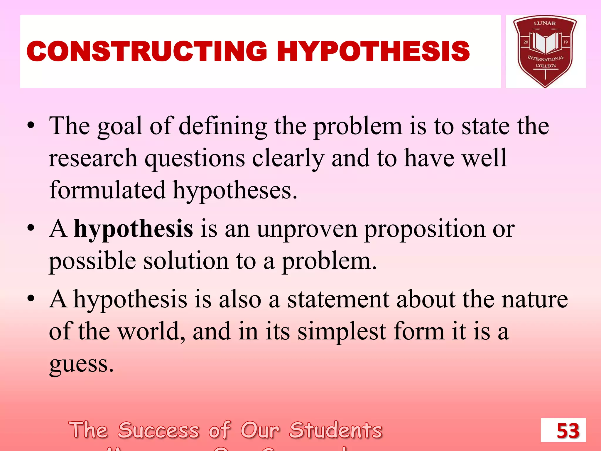CONSTRUCTING HYPOTHESIS
• The goal of defining the problem is to state the
research questions clearly and to have well
formulated hypotheses.
• A hypothesis is an unproven proposition or
possible solution to a problem.
• A hypothesis is also a statement about the nature
of the world, and in its simplest form it is a
guess.
53
 