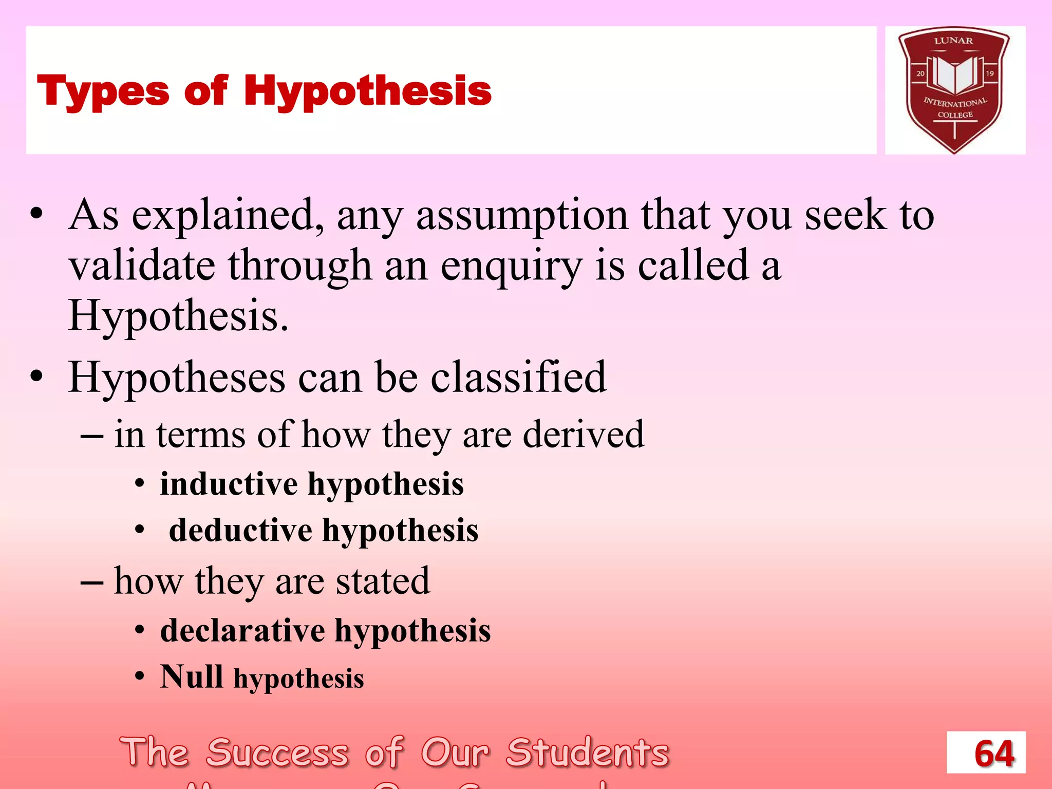Types of Hypothesis
• As explained, any assumption that you seek to
validate through an enquiry is called a
Hypothesis.
• Hypotheses can be classified
– in terms of how they are derived
• inductive hypothesis
• deductive hypothesis
– how they are stated
• declarative hypothesis
• Null hypothesis
64
 