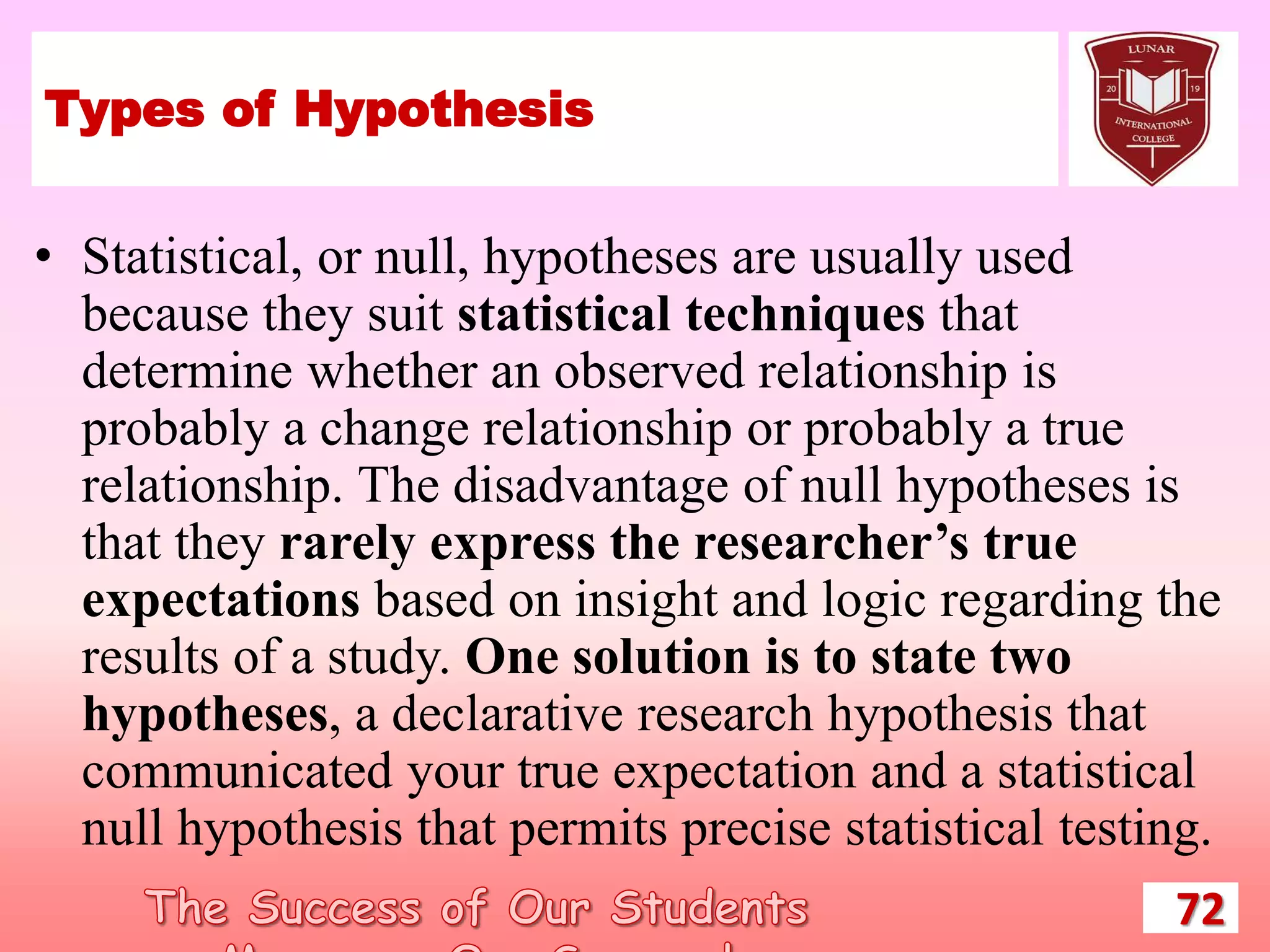 Types of Hypothesis
• Statistical, or null, hypotheses are usually used
because they suit statistical techniques that
determine whether an observed relationship is
probably a change relationship or probably a true
relationship. The disadvantage of null hypotheses is
that they rarely express the researcher’s true
expectations based on insight and logic regarding the
results of a study. One solution is to state two
hypotheses, a declarative research hypothesis that
communicated your true expectation and a statistical
null hypothesis that permits precise statistical testing.
72
 