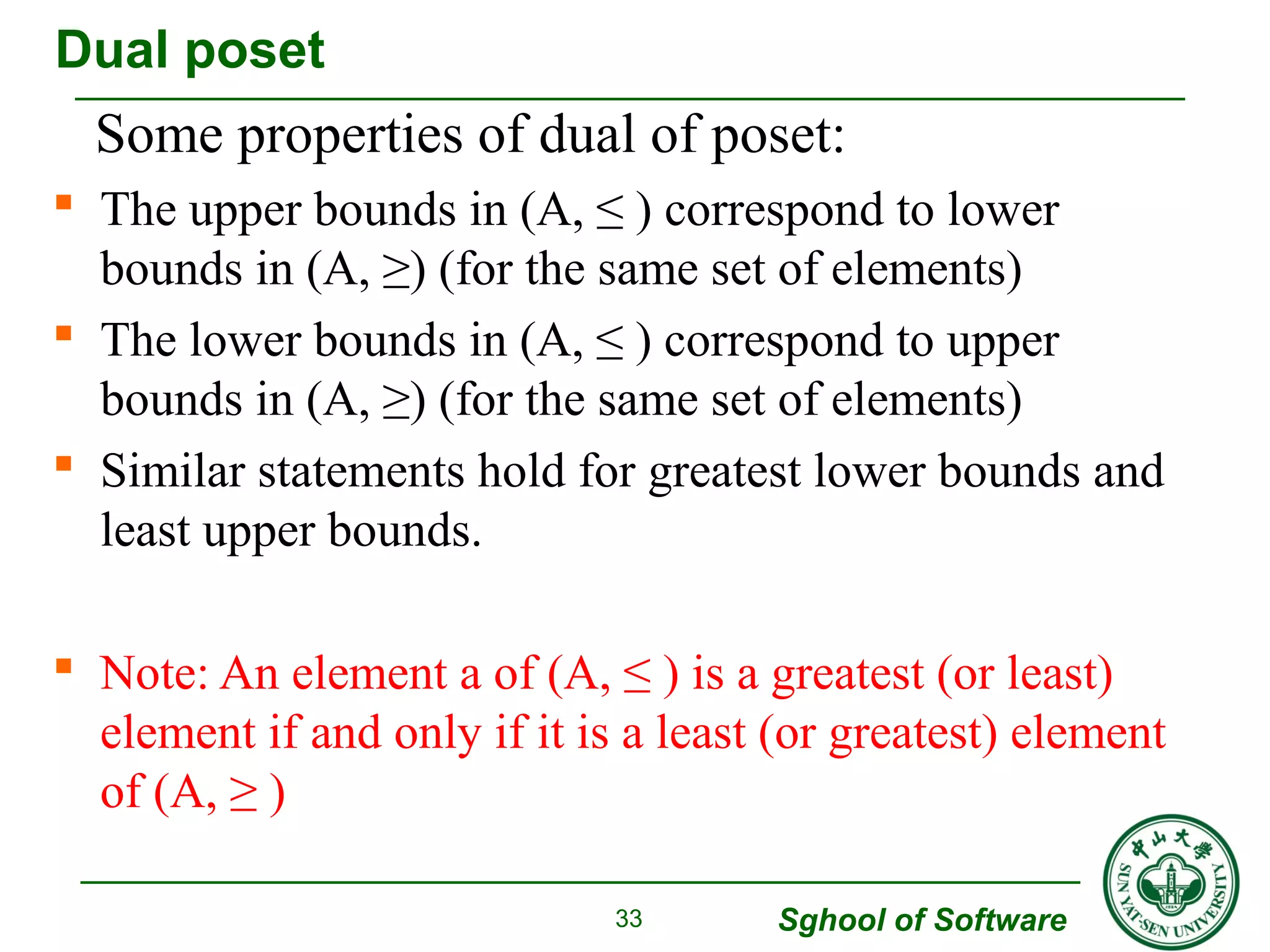 Some properties of dual of poset: 
 The upper bounds in (A, ≤ ) correspond to lower 
bounds in (A, ≥) (for the same set of elements) 
 The lower bounds in (A, ≤ ) correspond to upper 
bounds in (A, ≥) (for the same set of elements) 
 Similar statements hold for greatest lower bounds and 
least upper bounds. 
 Note: An element a of (A, ≤ ) is a greatest (or least) 
element if and only if it is a least (or greatest) element 
of (A, ≥ ) 
Sghool of Software 
33 
Dual poset 
 