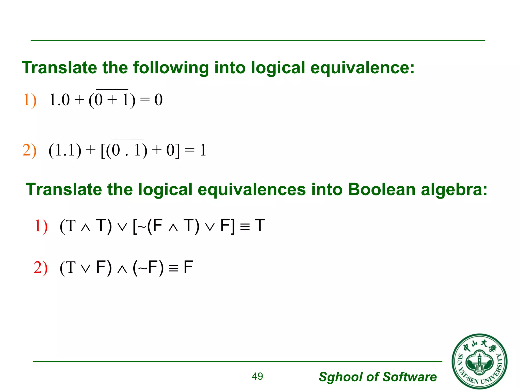 Translate the following into logical equivalence: 
Translate the logical equivalences into Boolean algebra: 
1) (T Ù T) Ú [~(F Ù T) Ú F] º T 
2) (T Ú F) Ù (~F) º F 
Sghool of Software 
1) 1.0 + (0 + 1) = 0 
2) (1.1) + [(0 . 1) + 0] = 1 
49 
 