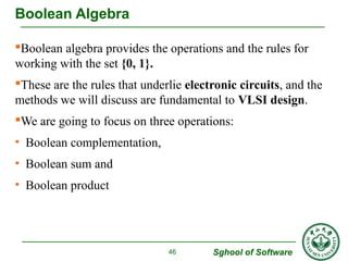 Boolean algebra provides the operations and the rules for 
working with the set {0, 1}. 
These are the rules that underlie electronic circuits, and the 
methods we will discuss are fundamental to VLSI design. 
We are going to focus on three operations: 
• Boolean complementation, 
• Boolean sum and 
• Boolean product 
Sghool of Software 
Boolean Algebra 
46 
 