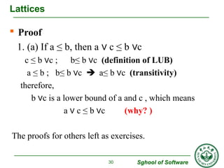  Proof 
1. (a) If a ≤ b, then a ∨ c ≤ b ∨c 
c ≤ b ∨c ; b≤ b ∨c (definition of LUB) 
a ≤ b ; b≤ b ∨c  a≤ b ∨c (transitivi...