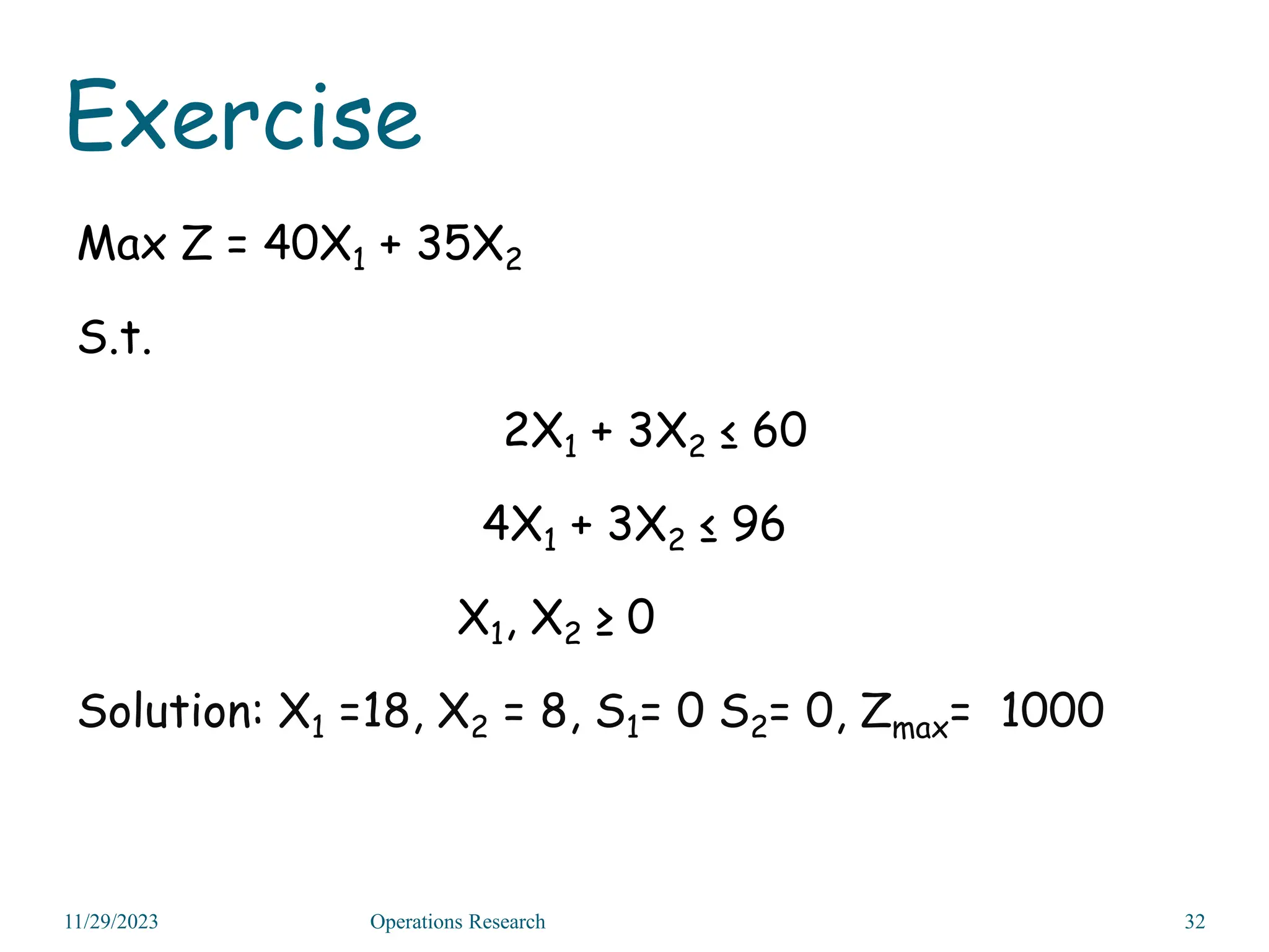 Exercise
Max Z = 40X1 + 35X2
S.t.
2X1 + 3X2 ≤ 60
4X1 + 3X2 ≤ 96
X1, X2 ≥ 0
Solution: X1 =18, X2 = 8, S1= 0 S2= 0, Zmax= 1000
11/29/2023 Operations Research 32
 