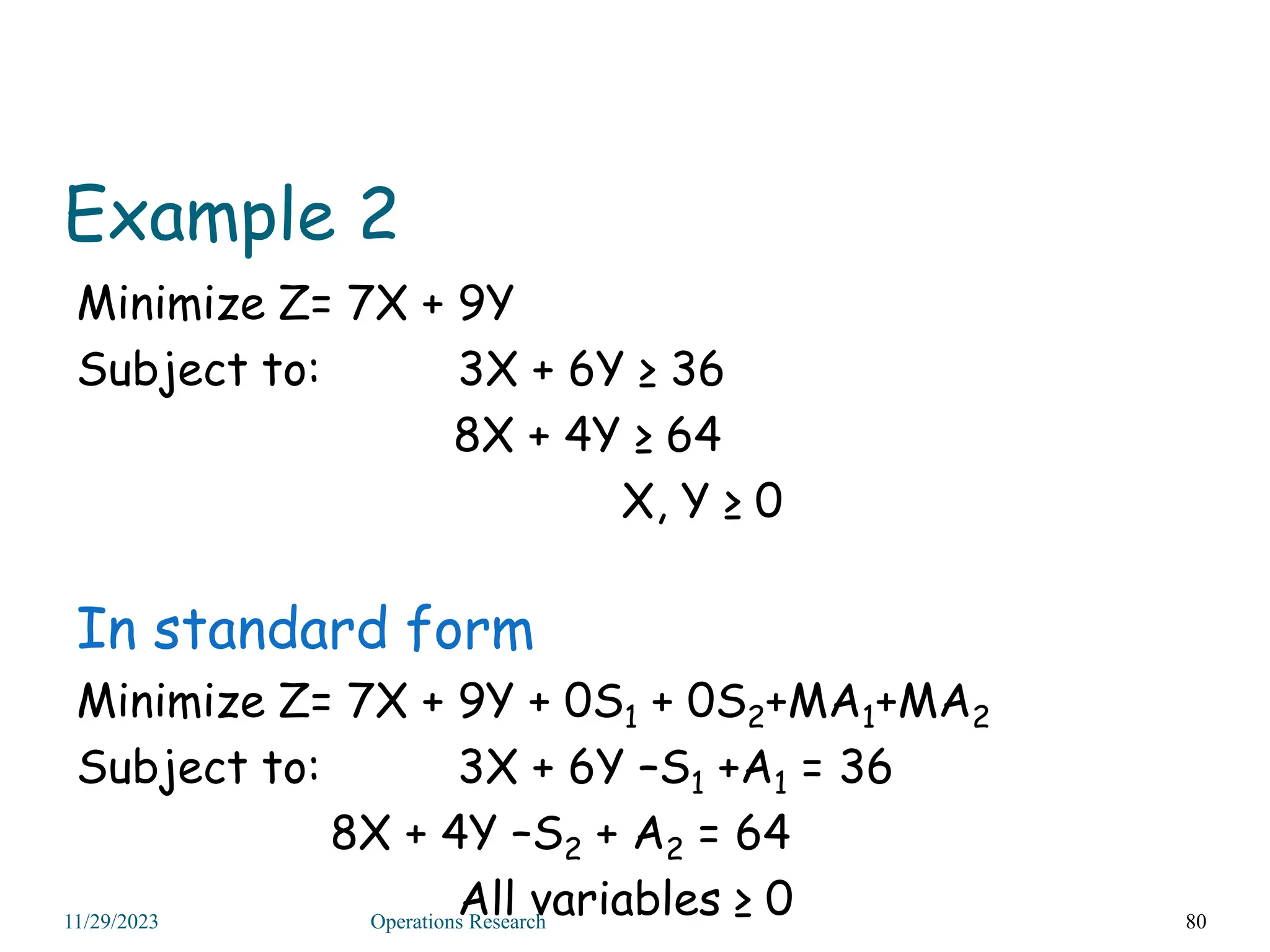 Example 2
Minimize Z= 7X + 9Y
Subject to: 3X + 6Y ≥ 36
8X + 4Y ≥ 64
X, Y ≥ 0
In standard form
Minimize Z= 7X + 9Y + 0S1 + 0S2+MA1+MA2
Subject to: 3X + 6Y –S1 +A1 = 36
8X + 4Y –S2 + A2 = 64
All variables ≥ 0 80
11/29/2023 Operations Research
 
