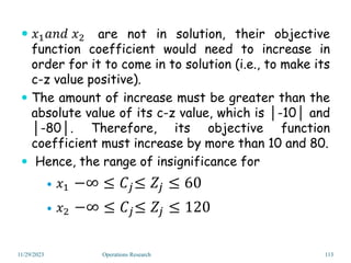  𝑥1𝑎𝑛𝑑 𝑥2 are not in solution, their objective
function coefficient would need to increase in
order for it to come in to solution (i.e., to make its
c-z value positive).
 The amount of increase must be greater than the
absolute value of its c-z value, which is │-10│ and
│-80│. Therefore, its objective function
coefficient must increase by more than 10 and 80.
 Hence, the range of insignificance for
 𝑥1 −∞ ≤ 𝐶𝑗≤ 𝑍𝑗 ≤ 60
 𝑥2 −∞ ≤ 𝐶𝑗≤ 𝑍𝑗 ≤ 120
11/29/2023 Operations Research 113
 