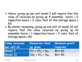  Hence, giving up one unit model I will require that the
value of received by giving up 4 assembly hours + 2
inspection hours + 3 cubic feet of the storage space ≥
60.
 By similar reasoning, giving up one unit of model II will
require that the value received by giving up 10
assembly hours + 1 inspection hours + 3 cubic feet of
storage space ≥ 50.
Value received
per unit of;
Resources feed
up given
Minimum profit
required
Model I 4Y1 + 2Y2 + 3y3 Birr 60
Model II 10y1 + 1Y2 + 3y3 Birr 50
11/29/2023 Operations Research 134
 