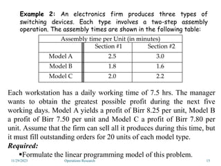 Example 2: An electronics firm produces three types of
switching devices. Each type involves a two-step assembly
operation. The assembly times are shown in the following table:
Assembly time per Unit (in minutes)
Section #1 Section #2
Model A 2.5 3.0
Model B 1.8 1.6
Model C 2.0 2.2
11/29/2023 15
Each workstation has a daily working time of 7.5 hrs. The manager
wants to obtain the greatest possible profit during the next five
working days. Model A yields a profit of Birr 8.25 per unit, Model B
a profit of Birr 7.50 per unit and Model C a profit of Birr 7.80 per
unit. Assume that the firm can sell all it produces during this time, but
it must fill outstanding orders for 20 units of each model type.
Required:
Formulate the linear programming model of this problem.
Operations Research
 