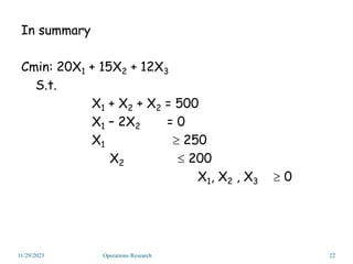 In summary
Cmin: 20X1 + 15X2 + 12X3
S.t.
X1 + X2 + X2 = 500
X1 – 2X2 = 0
X1  250
X2  200
X1, X2 , X3  0
11/29/2023 22
Operations Research
 