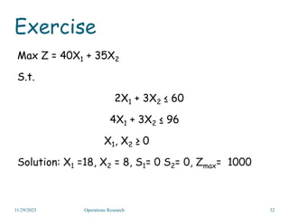 Exercise
Max Z = 40X1 + 35X2
S.t.
2X1 + 3X2 ≤ 60
4X1 + 3X2 ≤ 96
X1, X2 ≥ 0
Solution: X1 =18, X2 = 8, S1= 0 S2= 0, Zmax= 1000
11/29/2023 Operations Research 32
 