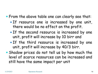  From the above table one can clearly see that:
 If resource one is increased by one unit,
there would be no effect on the profit.
 If the second resource is increased by one
unit, profit will increase by 10 birr and
 If the third resource is increased by one
unit, profit will increase by 40/3 birr.
 Shadow prices do not tell us by how much the
level of scarce resources can be increased and
still have the same impact per unit
94
11/29/2023 Operations Research
 