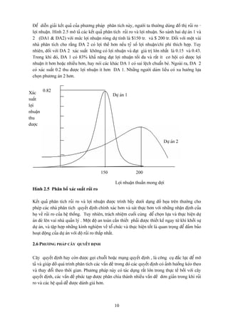 Âãø diãùn giaíi kãút quaí cuía phæång phaïp phán têch naìy, ngæåìi ta thæåìng duìng âäö thë ruíi ro -
 låüi nhuáûn. Hçnh 2.5 mä taí caïc kãút quaí phán têch ruíi ro vaì låüi nhuáûn. So saïnh hai dæû aïn 1 vaì
 2 (DA1 & DA2) våïi mæïc låüi nhuáûn roìng dæû tênh laì $150 tr. vaì $ 200 tr. Âäúi våïi mäüt vaìi
 nhaì phán têch cho ràòng DA 2 coï låüi thãú hån nãúu tyí säú låüi nhuáûn/chi phê thêch håüp. Tuy
 nhiãn, âäúi våïi DA 2 xaïc suáút khäng coï låüi nhuáûn vaì âaût giaï trë låïn nháút laì 0.15 vaì 0.43.
 Trong khi âoï, DA 1 coï 83% khaí nàng âaût låüi nhuáûn täúi âa vaì ráút êt cå häüi coï âæåüc låüi
 nhuáûn êt hån hoàûc nhiãöu hån, hay noïi caïc khaïc DA 1 coï sai lãûch chuáøn beï. Ngoaìi ra, DA 2
 coï xaïc suáút 0.2 thu âæåüc låüi nhuáûn êt hån DA 1. Nhæîng ngæåìi daïm liãöu coï xu hæåïng læûa
 choün phæång aïn 2 hån.


Xaïc 0.82                                           Dæû aïn 1
suáút
låüi
nhuáûn
thu
âæåüc


                                                                                     Dæû aïn 2




                                            150                    200

                                                      Låüi nhuáûn thuáön mong âåüi
 Hçnh 2.5 Phán bäú xaïc suáút ruíi ro

 Kãút quaí phán têch ruíi ro vaì låüi nhuáûn âæåüc trçnh báöy dæåïi daûng âäö hoüa trãn thæåìng cho
 pheïp caïc nhaì phán têch quyãút âënh chênh xaïc hån vaì saït thæûc hån våïi nhæîng nháûn âënh cuía
 hoü vãö ruíi ro cuía hãû thäúng. Tuy nhiãn, traïch nhiãûm cuäúi cuìng âãø choün læûa vaì thæûc hiãûn dæû
 aïn âeì lãn vai nhaì quaín lyï . Mäüt âäü an toaìn cáön thiãút phaíi âæåüc thiãút kãú ngay tæì khi khåíi sæû
 dæû aïn, vaì táûp håüp nhæîng kinh nghiãûm vãö täø chæïc vaì thæûc hiãûn täút laì quan troüng âãø âaím baío
 hoaût âäüng cuía dæû aïn våïi âäü ruíi ro tháúp nháút.

 2.6 PHÆÅNG PHAÏP CÁY        QUYÃÚT ÂËNH


 Cáy quyãút âënh hay coìn âæåüc goüi chuäùi hoàûc maûng quyãút âënh , laì cäng cuû âàõc læûc âãø mä
 taí vaì giuïp âåî quaï trçnh phán têch caïc váún âãö trong âoï caïc quyãút âënh coï aính hæåíng keïo theo
 vaì thay âäøi theo thåìi gian. Phæång phaïp naìy coï taïc duûng ráút låïn trong thæûc tãú båíi våïi cáy
 quyãút âënh, caïc váún âãö phæïc taûp âæåüc phán chia thaình nhiãöu váún âãö âån giaín trong khi ruíi
 ro vaì caïc hãû quaí dãù âæåüc âaïnh giaï hån.



                                                     10
 