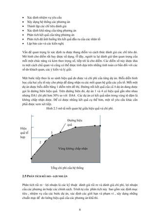 •    Xaïc âënh nhiãûm vuû yãu cáöu
 •    Xáy dæûng hãû thäúng caïc phæång aïn
 •    Thaình láûp caïc chè tiãu âaïnh giaï
 •    Xaïc âënh khaí nàng cuía tæìng phæång aïn
 •    Phán têch kãút quaí cuía tæìng phæång aïn
 •    Phán têch âäü aính hæåíng lãn kãút quaí âáöu ra cuía caïc nhán täú
 •    Láûp baïo caïo vaì caïc kiãún nghë

 Váún âãö quan troüng laì xaïc âënh ra âæåüc thang âiãøm vaì caïch thæïc âaïnh giaï caïc chè tiãu âoï.
 Mä hçnh cho âiãøm ráút hay âæåüc sæí duûng. ÅÍ âáy, ngæåìi ta laûi âaïnh giaï táöm quan troüng cuía
 mäùi mäüt chæïc nàng vaì keìm theo troüng säú, tiãúp tåïi laì cho âiãøm. Caïc âiãøm säú naìy âæåüc âæa
 ra mäüt caïch chuí quan vaì cuîng coï thãø âæåüc tênh dæûa trãn nhæîng tênh toaïn cå baín âäúi våïi caïc
 säú âo khaïch quan, caïc yï kiãún vaì lyï giaíi.

 Mäüt bæåïc tiãúp theo laì so saïnh hiãûu quaí âo âæåüc vaì chi phê cuía tæìng dæû aïn. Biãøu diãùn hçnh
 hoüc cuía hai yãúu täú naìy cho pheïp dãù daìng nháûn ra caïc mäúi quan hãû giæîa caïc yãúu täú. Mäùi mäüt
 dæû aïn âæåüc biãøu diãùn bàòng 1 âiãøm trãn âäö thë. Âæåìng näúi kãút quaí cuía caí 4 dæû aïn âang âæåüc
 goüi laì âæåìng biãn hiãûu quaí. Trãn âæåìng biãn âoï, dæû aïn 1 vaì 4 coï hiãûu quaí gáön nhæ nhau
 nhæng DA1 chi phê hån 30% so våïi DA4. Caïc dæû aïn coï kãút quaí nàòm trong vuìng tä âáûm laì
 khäng cháúp nháûn âæåüc. Âãø coï âæåüc nhuîng kãút quaí cuû thãø hån, mäüt säú yãu cáöu khaïc cáön
 phaíi âæåüc xem xeït tiãúp.
                        Hçnh 2.3 mä taí mäúi quan hãû giæîa hiãûu quaí vaì chi phê.


                                          Âæåìng hiãûu
                                          quaí
Hiãûu
                                                 4              1
quaí täø                   3
håüp
                 2
                 2
                                  Vuìng khäng cháúp nháûn




                           Täøng chi phê cuía hãû thäúng

 2.5 PHÁN TÊCH RUÍI RO - LÅÜI NHUÁÛN

 Phán têch ruíi ro - låüi nhuáûn laì caïc kyî thuáût âaïnh giaï ruíi ro vaì âaïnh giaï chi phê, låüi nhuáûn
 cuía caïc phæång aïn hoàûc caïc chênh saïch. Trçnh tæû cuía phán têch naìy bao gäöm xaïc âënh muûc
 tiãu , nhiãûm vuû cuía caïc bæåïc dæû aïn, xaïc âënh caïc giåïi haûn vaì phaûm vi , xáy dæûng nhæîng
 chuáøn mæûc âãø âo læåìng hiãûu quaí cuía caïc phæång aïn khaí thi.


                                                     8
 