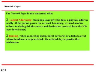 2.19
Network Layer
The Network layer is also concerned with:
 Logical Addressing (data link layer give the data a physical address
locally , if the packet passes the network boundary, we need another
address to distinguish the source and destination received from the NW
layer into frames)
 Routing ( when connecting independent networks or a links to creat
internetworks or a large network, the network layer provide this
mechanism
 