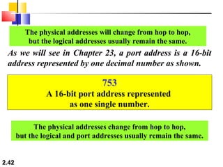 2.42
The physical addresses will change from hop to hop,
but the logical addresses usually remain the same.
As we will see in Chapter 23, a port address is a 16-bit
address represented by one decimal number as shown.
753
A 16-bit port address represented
as one single number.
The physical addresses change from hop to hop,
but the logical and port addresses usually remain the same.
 