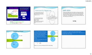 14-08-2015
10
Therefore Free engagement/for unaided
entery will occur when µ > tan α
Continuity Equation
o Generally rolling increases the
work width from an initial value
of bo to a final one of bf and this
is called spreading.
o The inlet and outlet volume
rates of material flow must be
the same, that is,
hobovo = hfbfvf
where vo and vf are the entering
and exiting velocities of the
work
GATE‐2014
A mild steel plate has to be rolled in one pass such that
the final plate thickness is 2/3rd of the initial thickness,
with the entrance speed of 10 m/min and roll diameter
of 500 mm. If the plate widens by 2% during rolling, the
exit velocity (in m/min) is …… ………
14.706
Torque and Power
Where λ is 0.5 for hot-rolling and 0.45 for cold-rolling.
The total rolling load is distributed
over the arc of contact in the typical
friction-hill pressure distribution.
However the total rolling load can be
assumed to be concentrated at a
point along the act of contact at a
distance a from the line of centres of
the rolls.
The ratio of the moment arm a to the
projected length of the act of contact
Lp can be given as
The torque MT is equal to the total rolling load P
multiplied by the effective moment arm a. Since there are
two work rolls, the torque
 