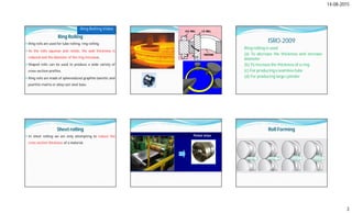 14-08-2015
3
Ring Rolling
 Ring rolls are used for tube rolling, ring rolling.
 As the rolls squeeze and rotate, the wall thickness is
reduced and the diameter of the ring increases.
 Shaped rolls can be used to produce a wide variety of
cross-section profiles.
 Ring rolls are made of spheroidized graphite bainitic and
pearlitic matrix or alloy cast steel base.
Ring Rolling Video
ISRO-2009
Ring rolling is used
(a) To decrease the thickness and increase
diameter
(b) To increase the thickness of a ring
(c) For producing a seamless tube
(d) For producing large cylinder
Sheet rolling
 In sheet rolling we are only attempting to reduce the
cross section thickness of a material.
Roll Forming
 