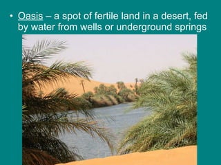 Oasis  – a spot of fertile land in a desert, fed by water from wells or underground springs 